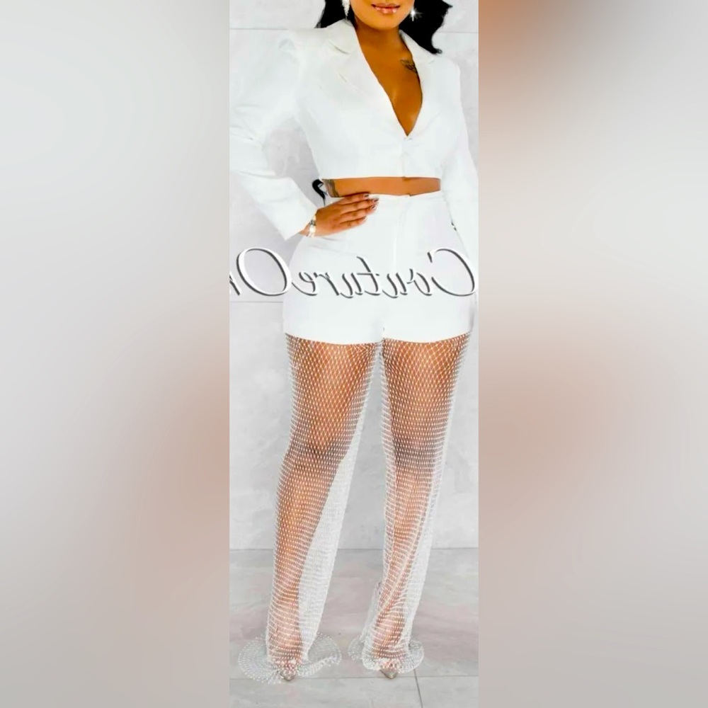 White blazer and mesh rhinestone pants set, small